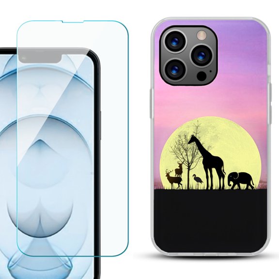 Slim-Fit Gel TPU Phone Case for iPhone 13 Pro Max, with Tempered Glass Screen Protector, by OneToughShield ® - Moonlight Safari