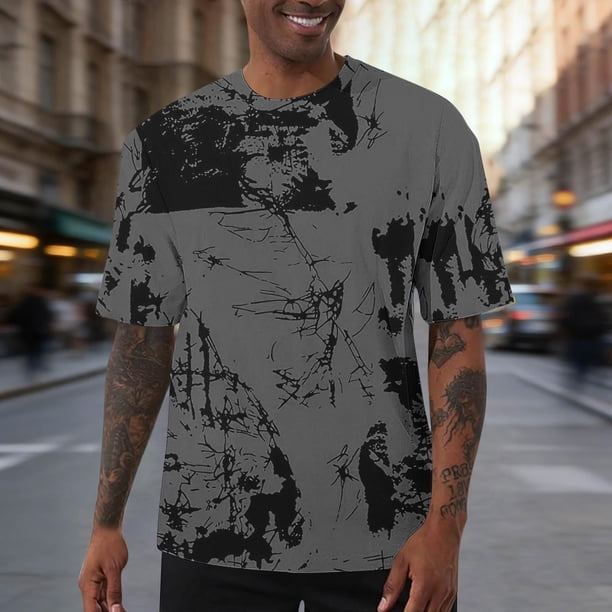 Ceisia Men's Abstract Splash Print T-shirt Loose Fit Short Sleeve Round Neck Casual Summer Fall Tee Tops Gray M Gifts