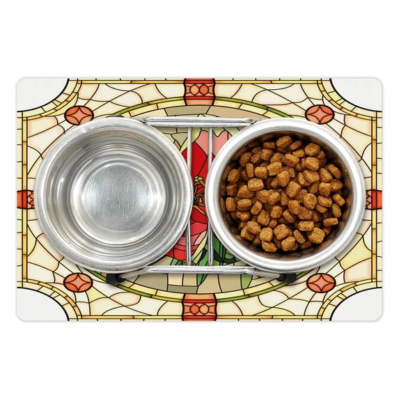Floral Pet Mat for Food and Water, Vector Antique Glass Image Flower Lily Like Design with Leaves and Buds Artwork, Non-Slip Rubber Mat for Dogs and Cats, 18" X 12", by Ambesonne