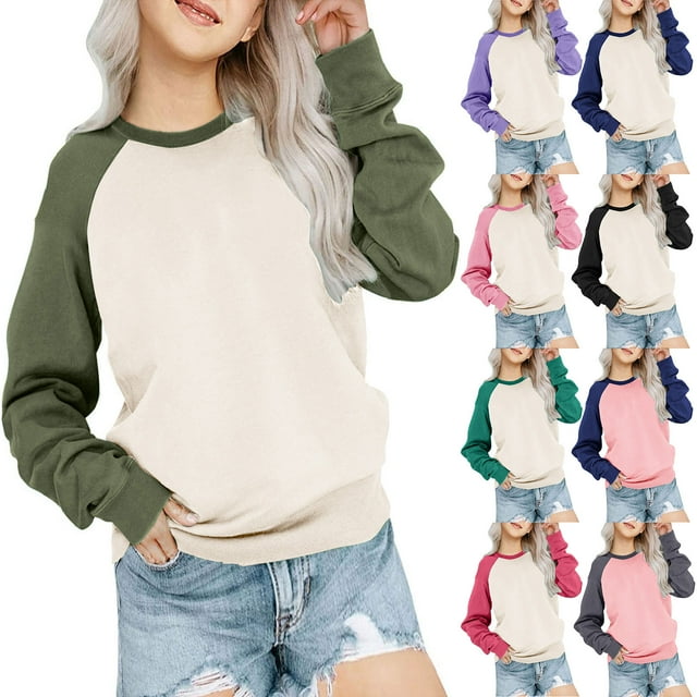 EQWLJWE Chandails en Molleton d'Hiver pour Enfants Petites Filles Manches Longues Raglan T-Shirts Col Rond Tunique Color Block Blouses Vêtements d'Automne Hiver en Solde 4-12 Ans