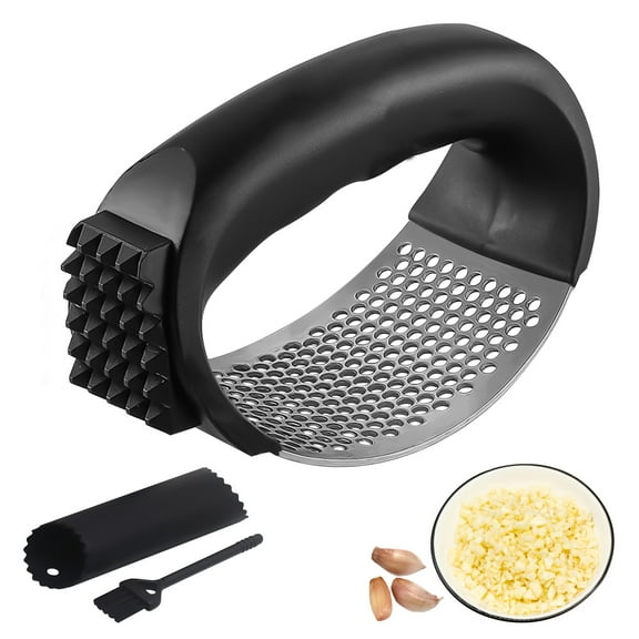 Kitchen Stainless Steel Garlic Press, Garlic Grinder with Garlic Peeler and Brush, Black