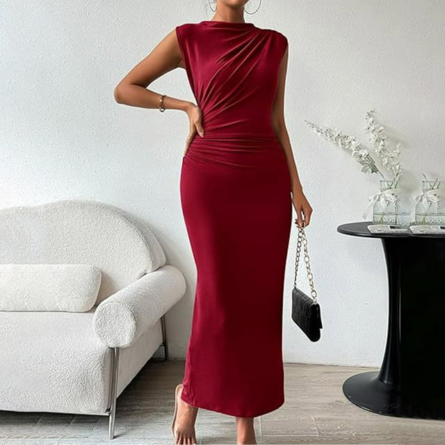 Gspmoly Robes Grande Taille pour Femmes aux Formes, Mode Femme Été Floral Col Rond Sans Manches Plis Fente au Dos Taille Robes Robes de Vacances pour Femmes jusqu'à 70 % de Rabais