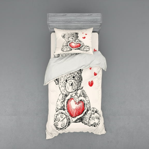Ambesonne Cartoon Bedding Set 3 Pcs, Detailed Teddy Bear, Twin, Red Black White