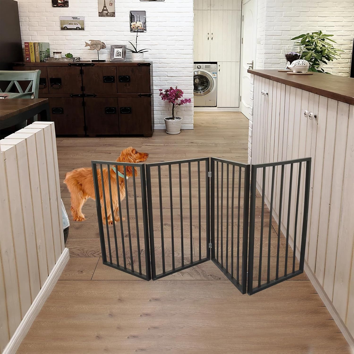 Pet Gate for Dogs Folding Freestanding Wooden Dog Gate for Doorways Stairs and House Arc Design Brown