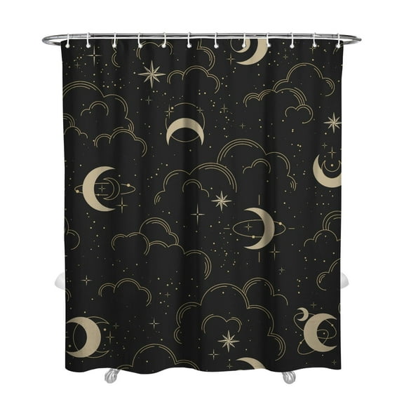 Mystical Moon Shower Curtain, Celestial Witchy Print with Stars and Golden Sun, Cosmic Aesthetic Fabric for Gothic Bathroom Decor, 72x84 Waterproof Curtain with Hooks