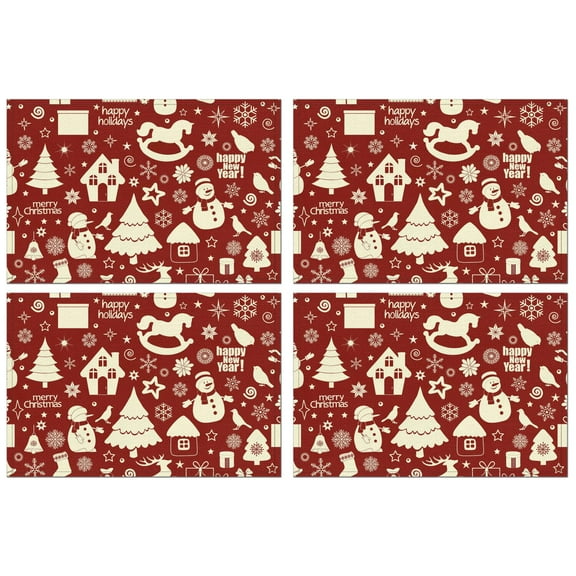 Christmas Table Mats 12x17 Inch Set of 4, Waterproof Plastic Placemats - Winter Snowflake Deer Design for Kitchen Dining Party Decor