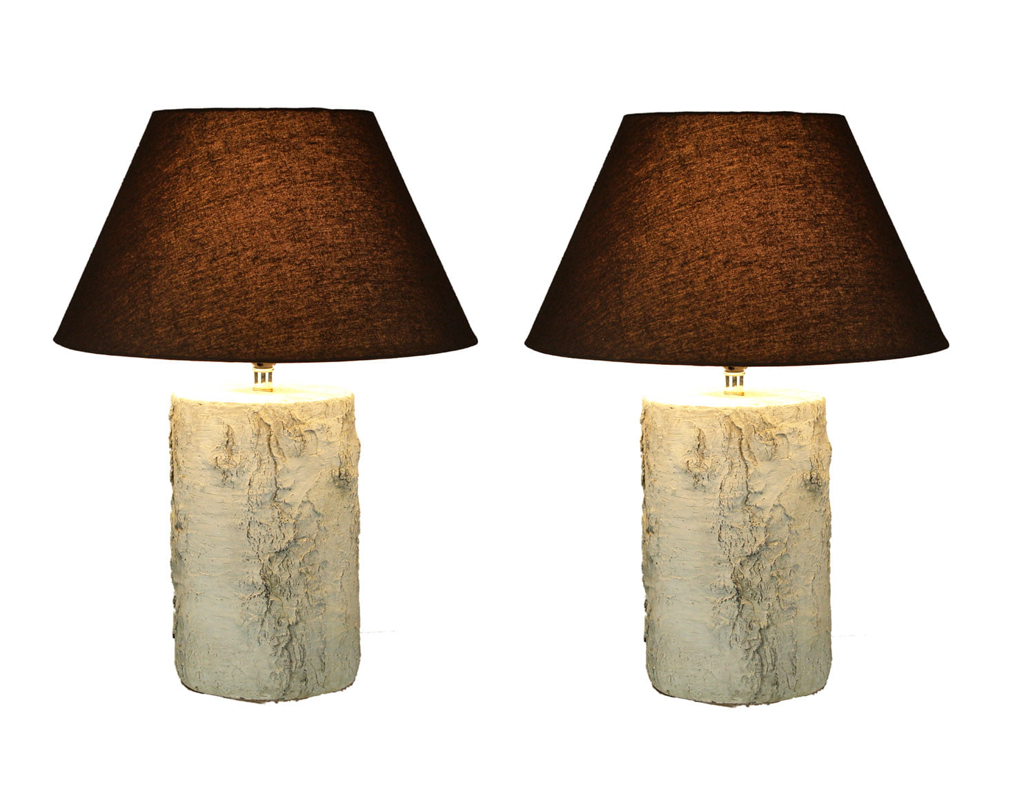 White Birch Wood Look Rustic Log Table Lamp with Shade Set of 2