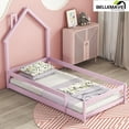 thumbnail image 3 of Bellemave Twin Size Floor Bed with House-shaped Headboard and Fence Twin Montessori Floor Bed Frame with Fence Twin House Bed Low Floor Bed, Pink, 3 of 10