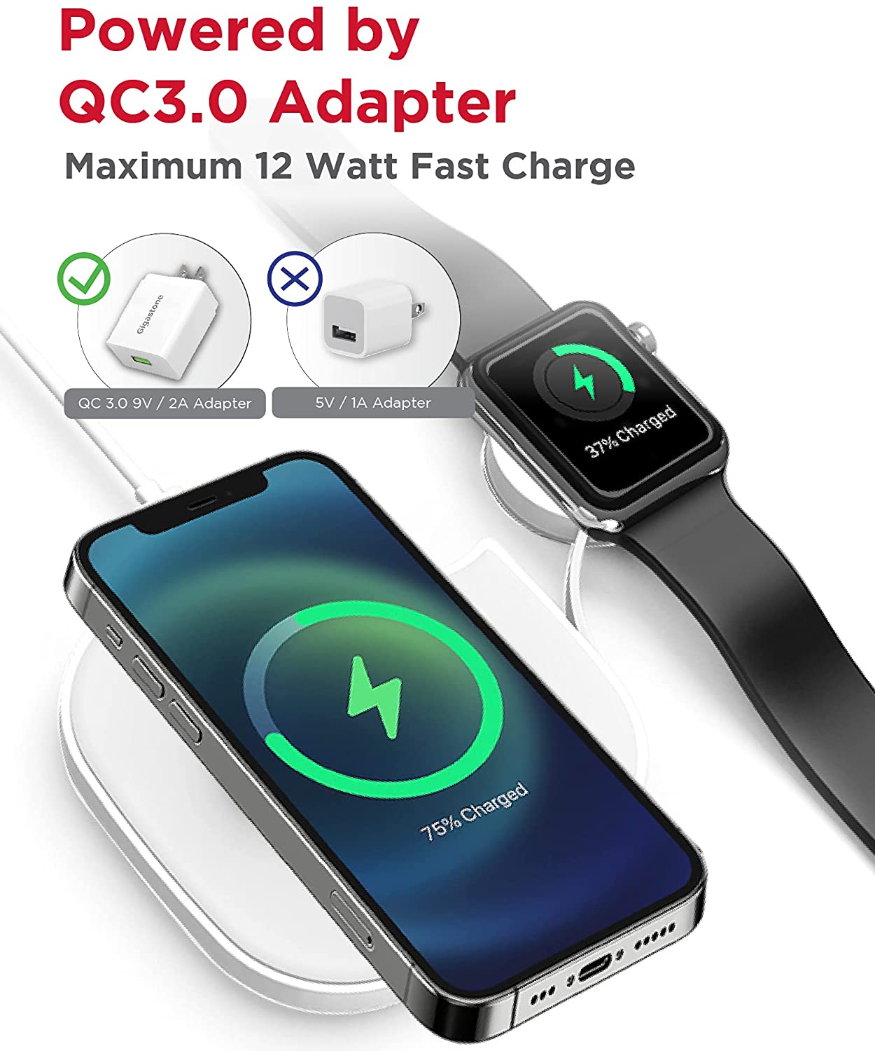 Gigastone 2 in 1 Dual Wireless Charging Pad Compatible with iPhone 12/12 Pro/12 Pro Max/11/11 Pro/XS Max/XR/XS/X/8, Galaxy S21/S20/Note 10/S10/S9/S8/Note 8, Apple Watch 6/SE/5/4/3/2/1, Airpods Pro