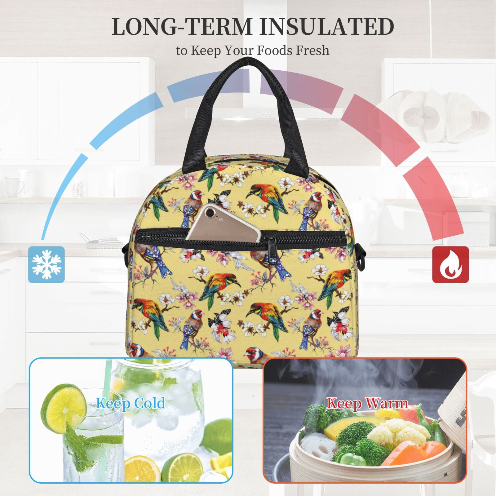 Xecao Bright Birds Print Insulated Lunch Box, Lunch Cags Lunch Bag Featuring An Adjustable Shoulder Strap