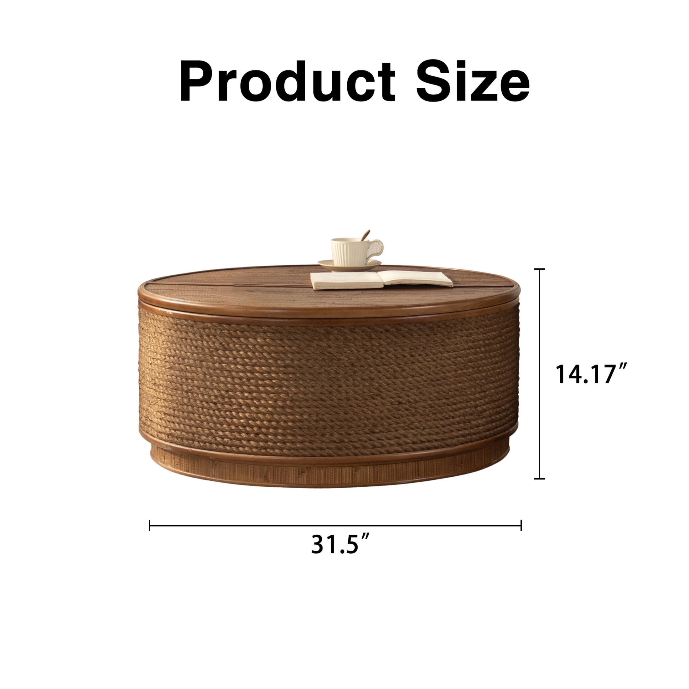 Noble House 31" Round Rattan Storage Coffee Table with Lift-Off Lid and Hand-Woven Rope Trim, Boho-Chic, Natural Wood