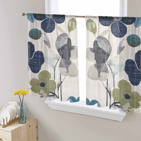 Navy Blue Green Floral Semi Sheer Curtains 45 Inch Length 2 Panels Set, Vintage Botanical Leaves Sheer Kitchen Curtain Privacy Voile Window Curtain for Living Room Bedroom Rod Pocket Drapes