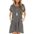 thumbnail image 3 of Women Summer Short Sleeve Crewneck Pockets Casual Midi Swing T-Shirt Dress Simple Plain Solid Color Ruffles Hem A-Line Flowy Sundress, 3 of 18
