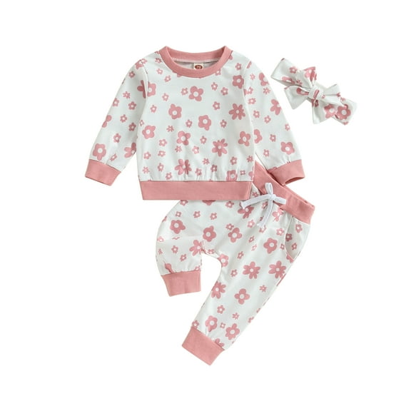 Bagilaanoe 2PCS Toddler Baby Girl Long Pants Set Floral Print Long Sleeve Sweatshirt Pullover Tops Sweatpants Headband 6M 12M 18M 24M 3T Kids Casual Sweatsuits