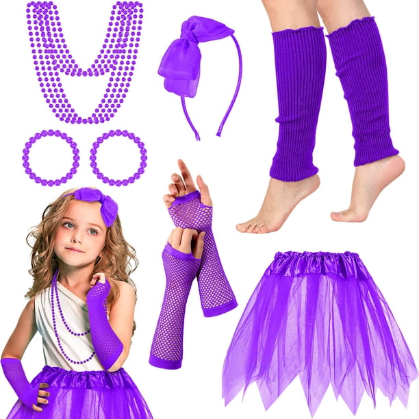 Blulu Kit De Accesorios Para Disfraz De Los 80 – Tutú, Diadema, Pendientes, Collar Y Calentadores Morados – Talla L – Fiesta Retro
