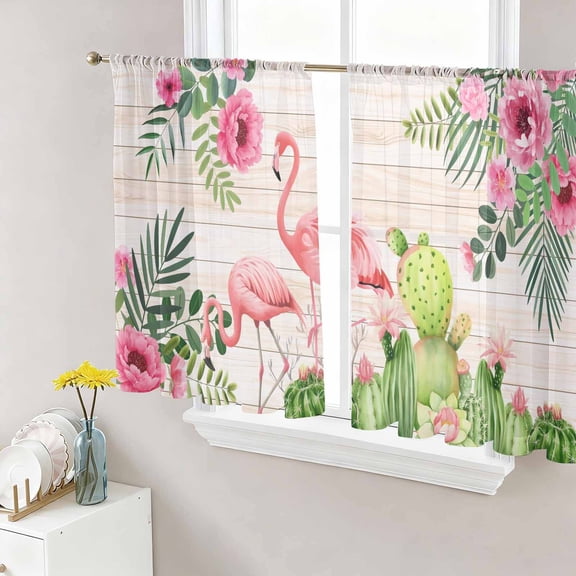 Pink Flamingos Sheer Curtains 54 Inch Length 2 Panels Set, Summer Tropical Flowers Cactus Wooden Voile Window Treatment Rod Pocket Short Kitchen Curtains Drapes for Bedroom 52"x54"x2