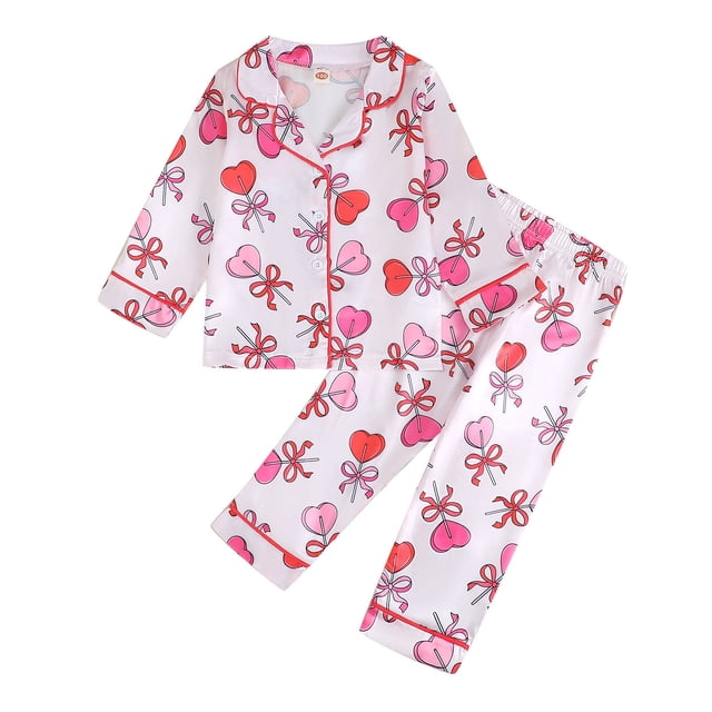 SOMOWI Ensembles Assortis pour Filles Pyjama à Manches Longues Mignon Imprimé Cœur Vêtements de Nuit Deux Pièces Vêtements de Maison Rouges Vêtements Athlétiques d'Automne 12-18 Mois