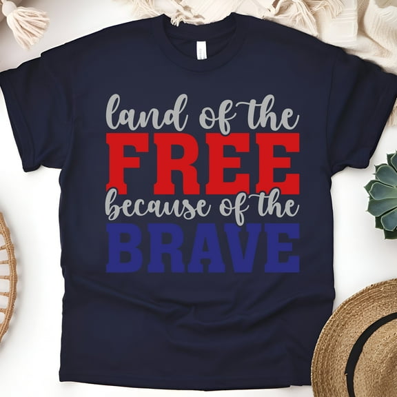 Land of the Free Because of the Brave T-Shirt, Patriotic Graphic Tee, Navy, Size S