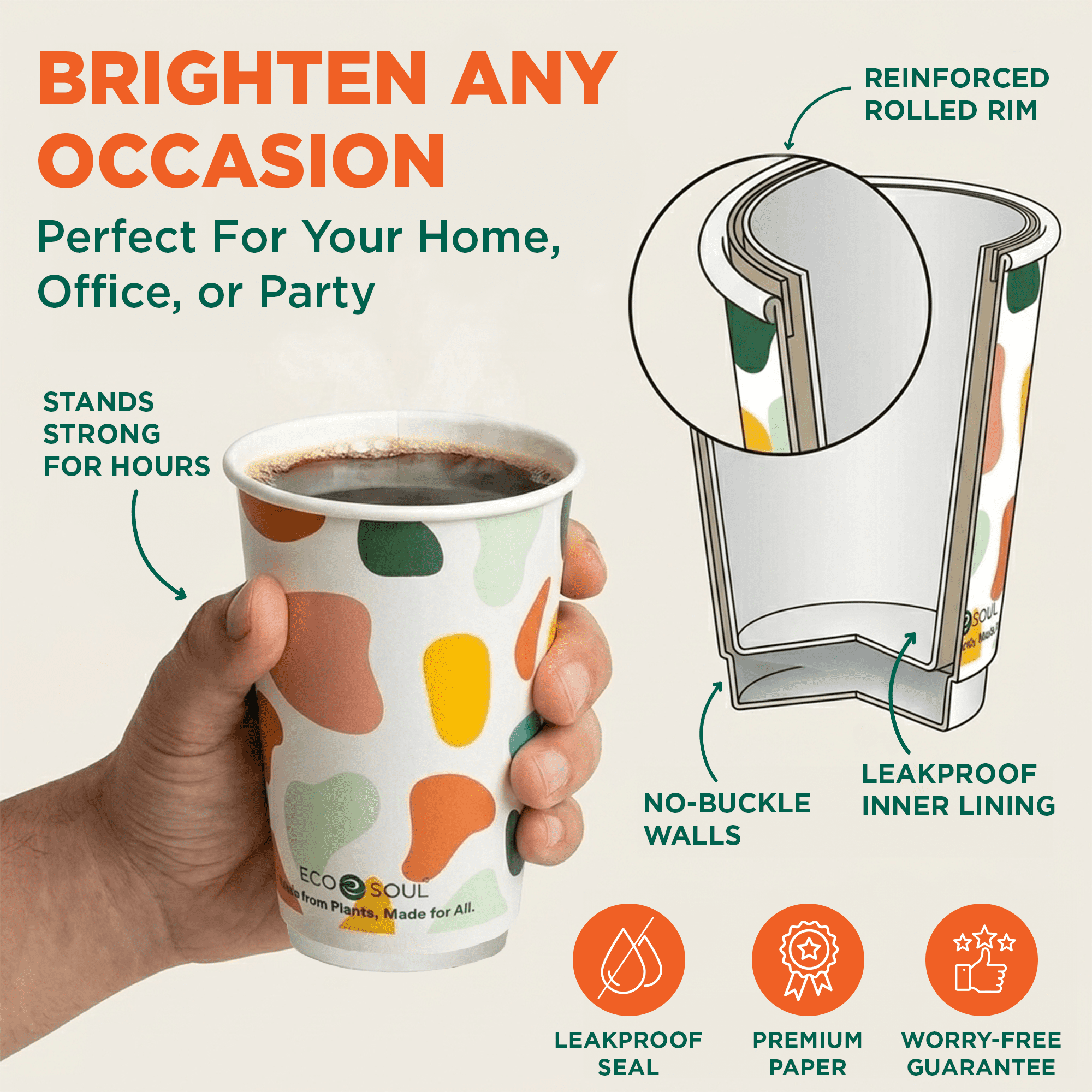 EcoSoul Compostable Hot and Cold Cups, Printed Plant-Based Disposable Cups, 16 oz, 50 Count
