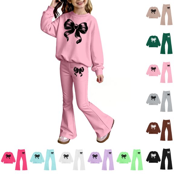 Bmisegm Cute Outfits for Girls Long Sleeve Round Neck Top and Flare Pants with Bow Print Casual Two Piece Outfit Girls' Clothing Sets 2-10 Years,01_Pink,4-5 Years