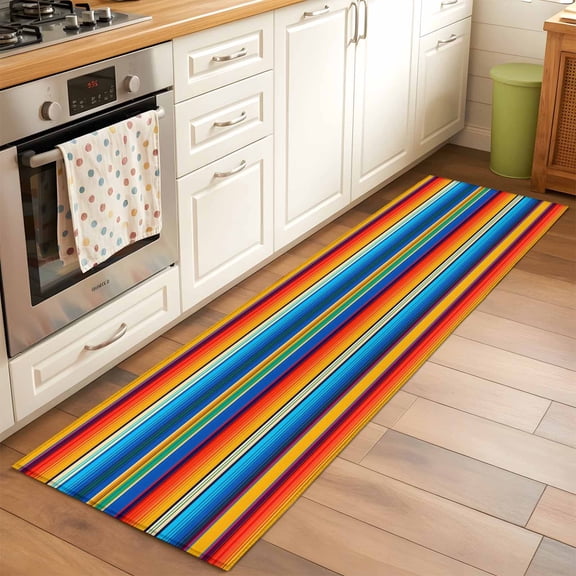 Runner Rug 2 x 6 Ft, Colorful Striped Washable Non-Slip Floor Mat for Kitchen Hallway/Entryway, Boho Rainbow Abstract Stripes Lines Long Kitchen Runner Area Rugs for Living Room, Low-Profile