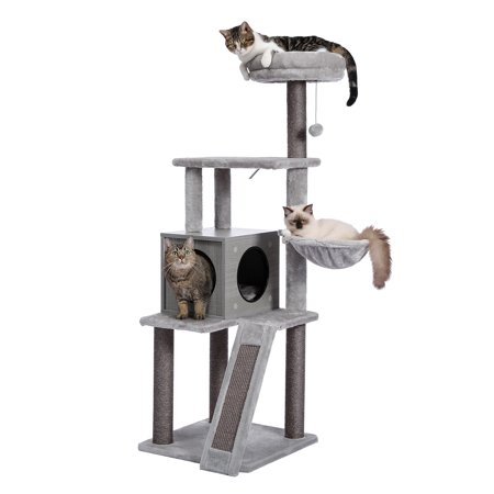 DFITO Wooden Cat Tree 4 Levels Platform, Featuring with Fully Scratching Posts, Hammock, Padded Perch and Dangling Ball for Large Cats, Gray