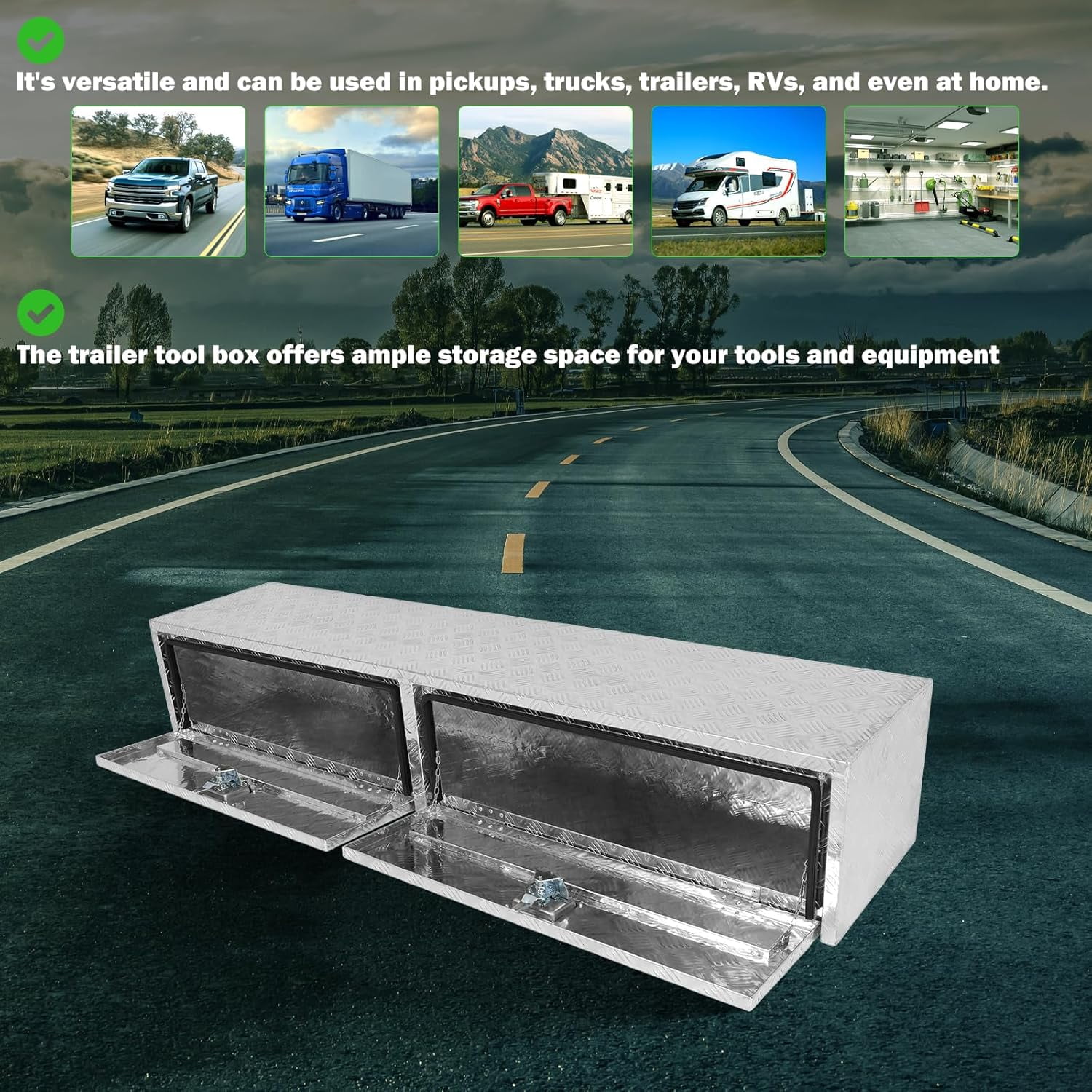 SCITOO 72 Inch Aluminum Truck Bed Tool Box Heavy Duty Diamond Plate Trailer Tool Box with Lock Keys Tool Storage Organizer Chest for Pick up TruckBed ATV RV Trailer Waterproof 72X13X16
