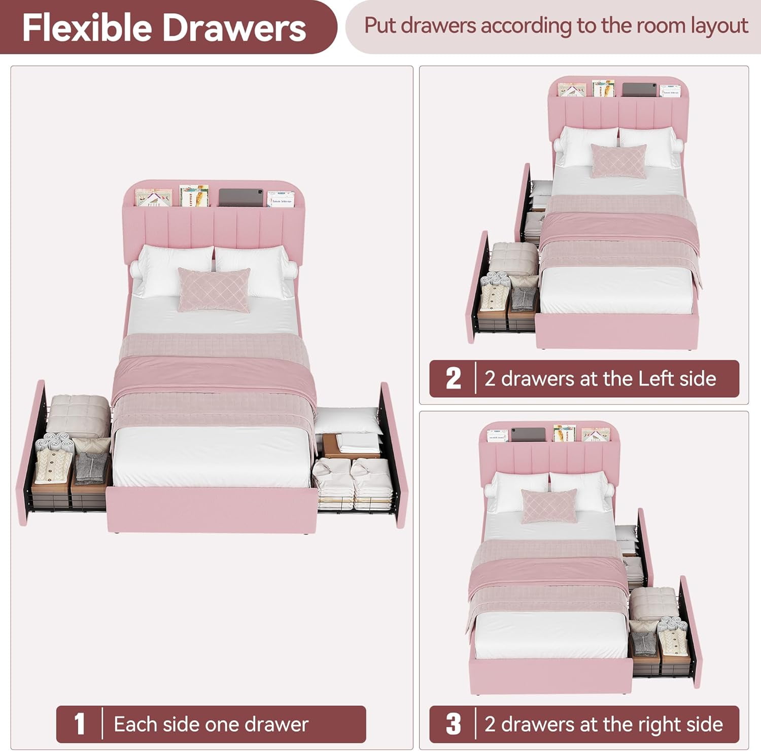 Twin Size Bed Frame with Storage Drawers & Bookcase Headboard, Boucle Platform Bed, Noise-Free, No Box Spring Needed, Pink