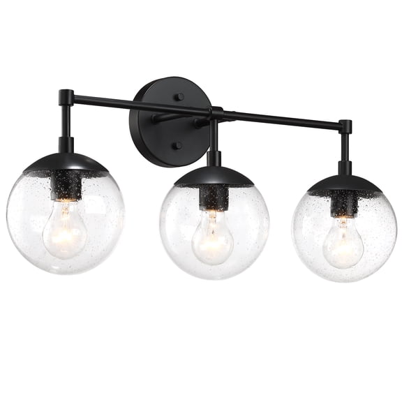 Matte Black 3-Light Bathroom Vanity Light, Clear Seedy Glass Globe Shades, Dimmable