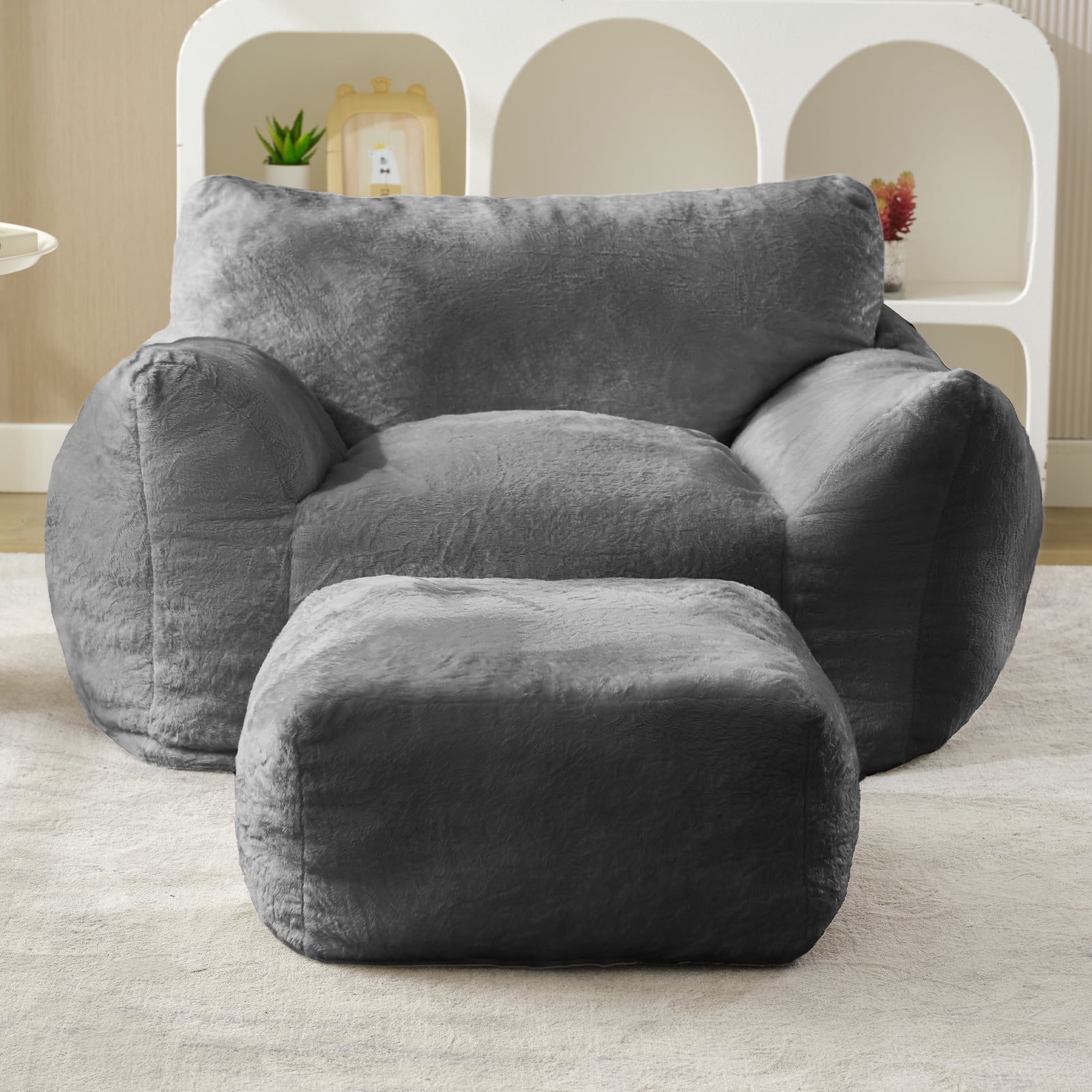 Puremind Bean Bag Chair for Kids and Adults, Oversized Bean Bag Couch with Ottoman, Faux Fur Lazy Sofa Chair for Living Room/Apartment/Bedroom, Light Gray