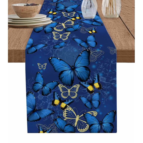 Blue Butterfly Table Runner 72 Inches, Farmhouse Modern Nature Animals Art Bed Runner Dresser Scarves Tabletop for Indoor Outdoor Parties/Ceremony/Banquet, 14" x 72"