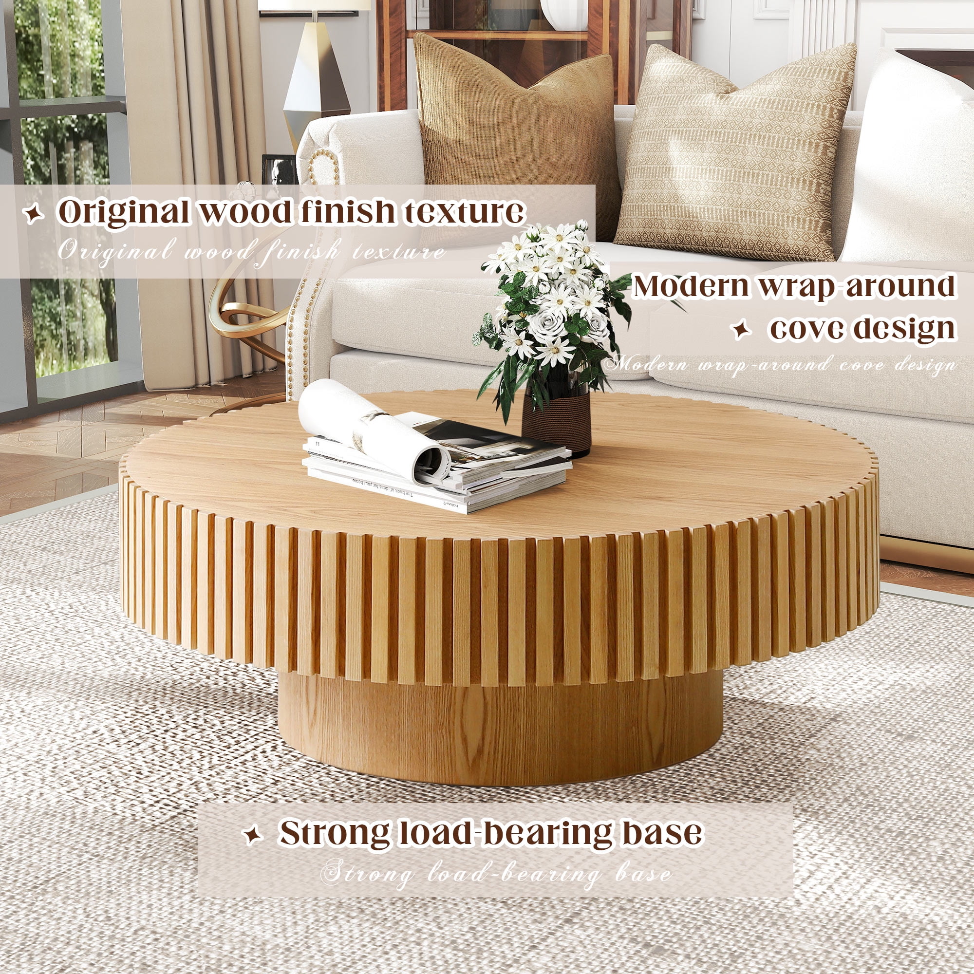 Muumblus 39.37" Large Round Wood Coffee Table, Modern Unique Fluted Accent Center Table for Living Room, Natural Ash