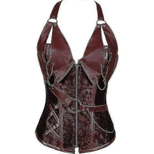 Medieval Gothic Retro Bustiers Corsets 14 Steel Bone Steampunk Burlesque Leather Halter Bustiers Corset With Thong Sexy Lingerie