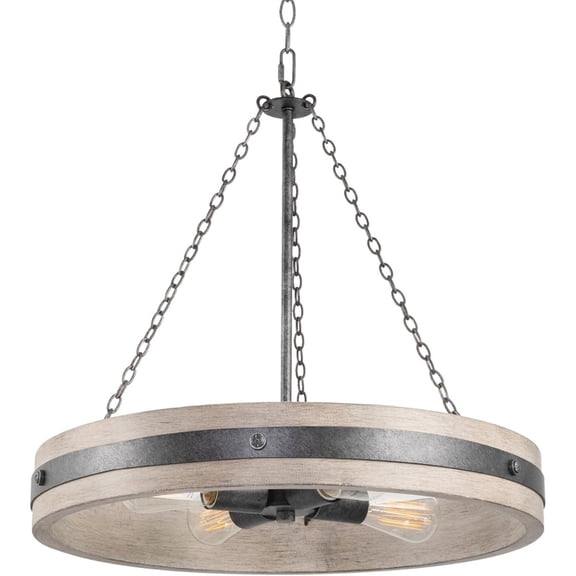 22" 4-Light Farmhouse Pendant Light   Wood Finish Metal Ring, Gray Ash Wood Finish   Old Iron Finish