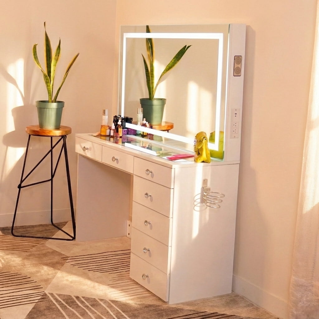 Boahaus Lyra Vanity Desk with LED Mirror and Built-In Speakers – Compact Makeup Vanity Table with Storage and Power Outlet
