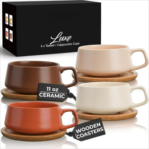 11 Oz., Set of 4 Ceramic Tea Cup and Saucer Bamboo/Tea Mug - Wide Cappuccino Cup, Coffee Cups Ceramic Mug for Cappuccino, Latte, Espresso & Americano - Luxe Collection