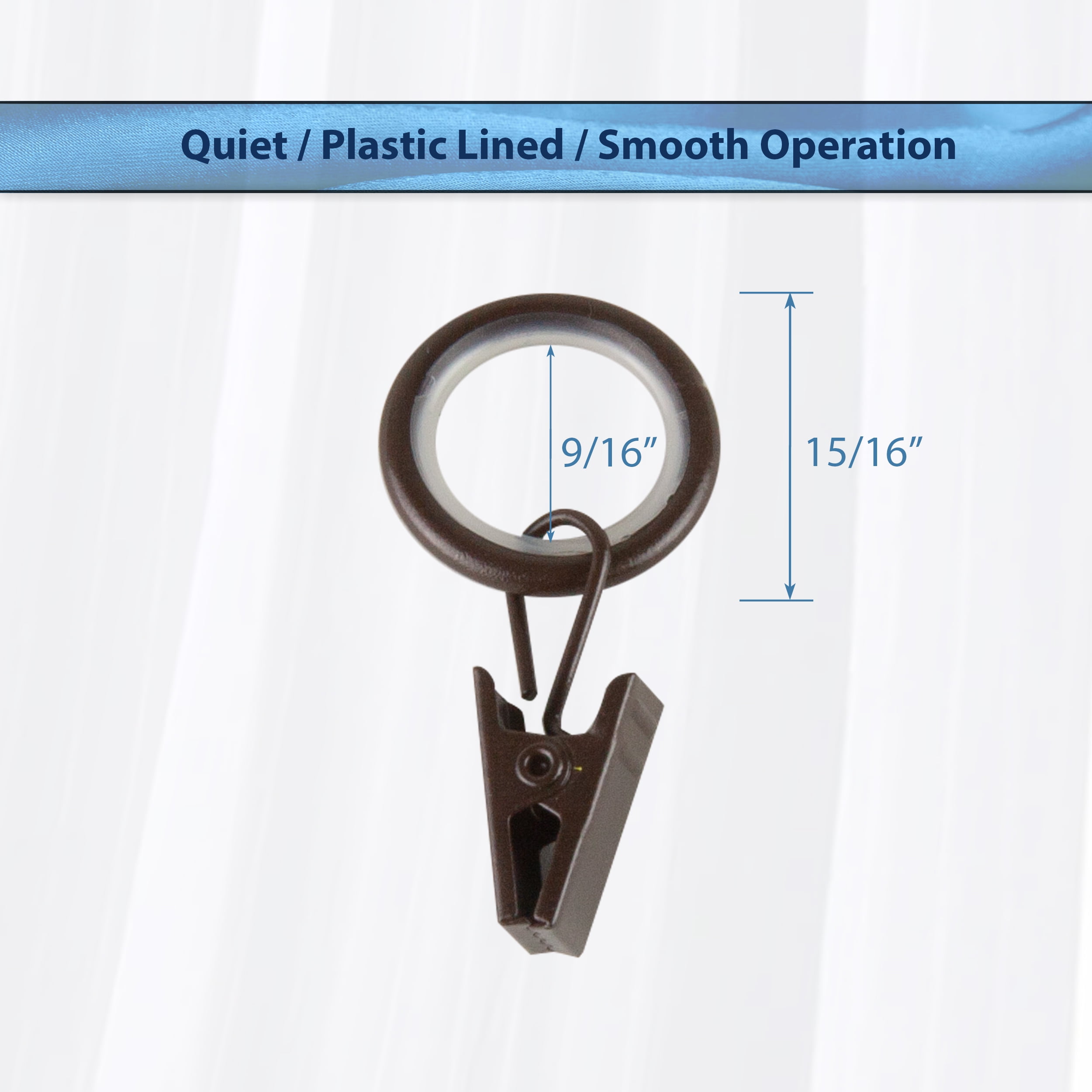 PlusCasa Noise-Canceling 9/16 inch Cocoa Curtain Rings with Clips (10 Count)
