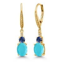 Gem Stone King 18K Yellow Gold Plated Silver Green Turquoise and Blue Created Sapphire Dangle Earrings for Women with Lab Grown Diamond (3.53 Cttw, Oval 9X7MM)