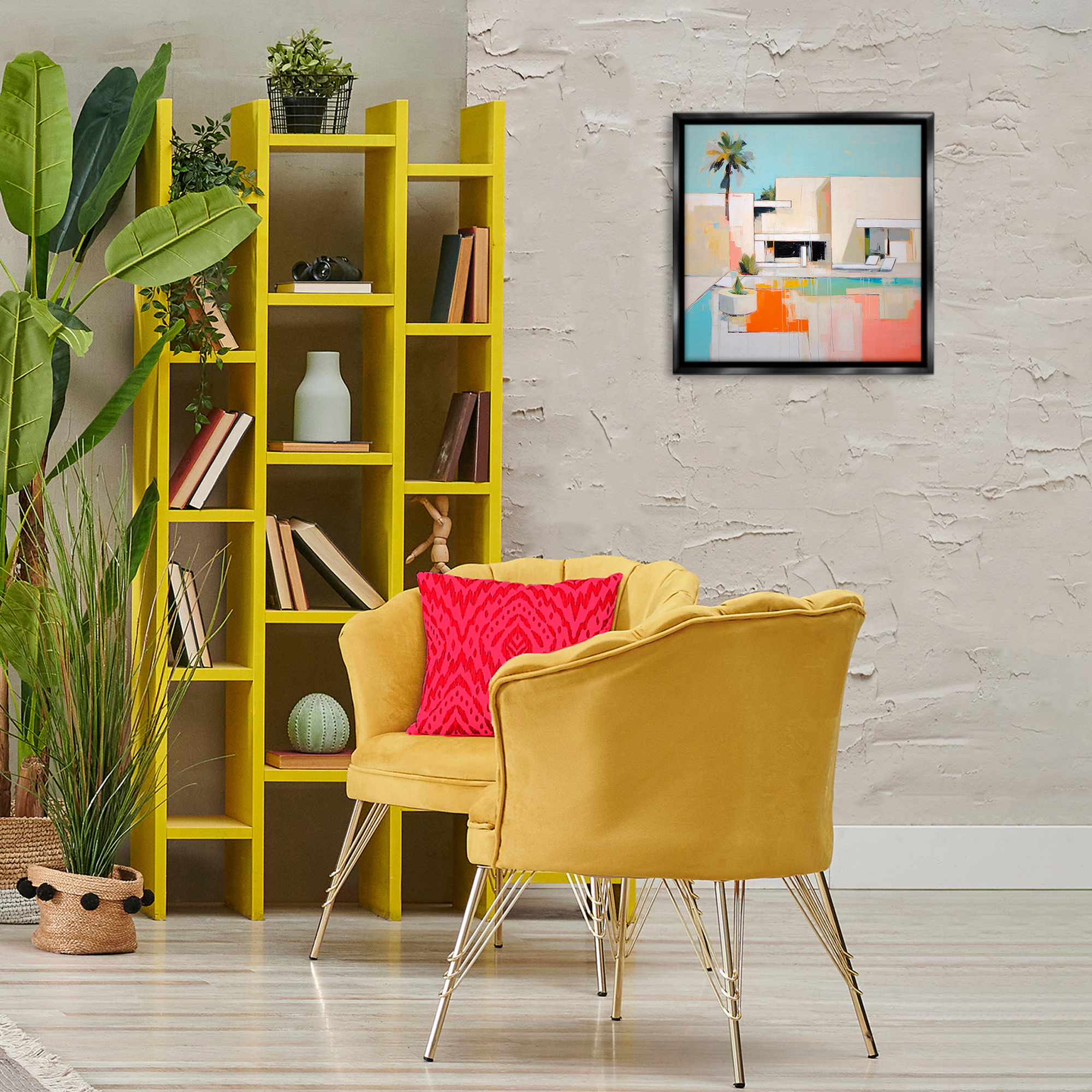 Stupell Industries Modern Tropical Villa Town & City Painting Black Floater Framed Canvas Art Print Wall Art, 18 x 18
