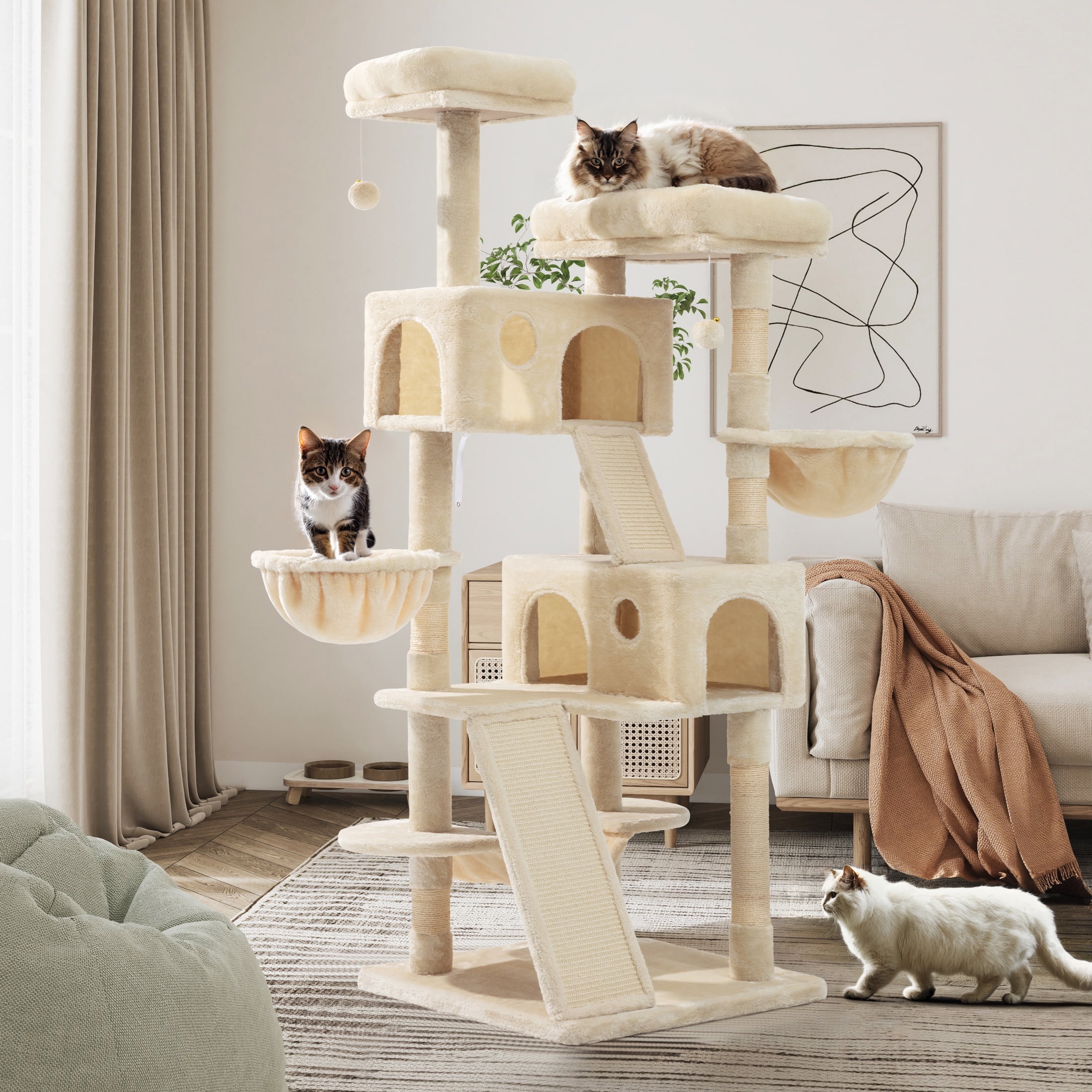 Sifurni 65.7" Large Cat Tree Tower Condo House for Cats with 2 Scratching Ramps, Hammock & Scratching Post, Beige