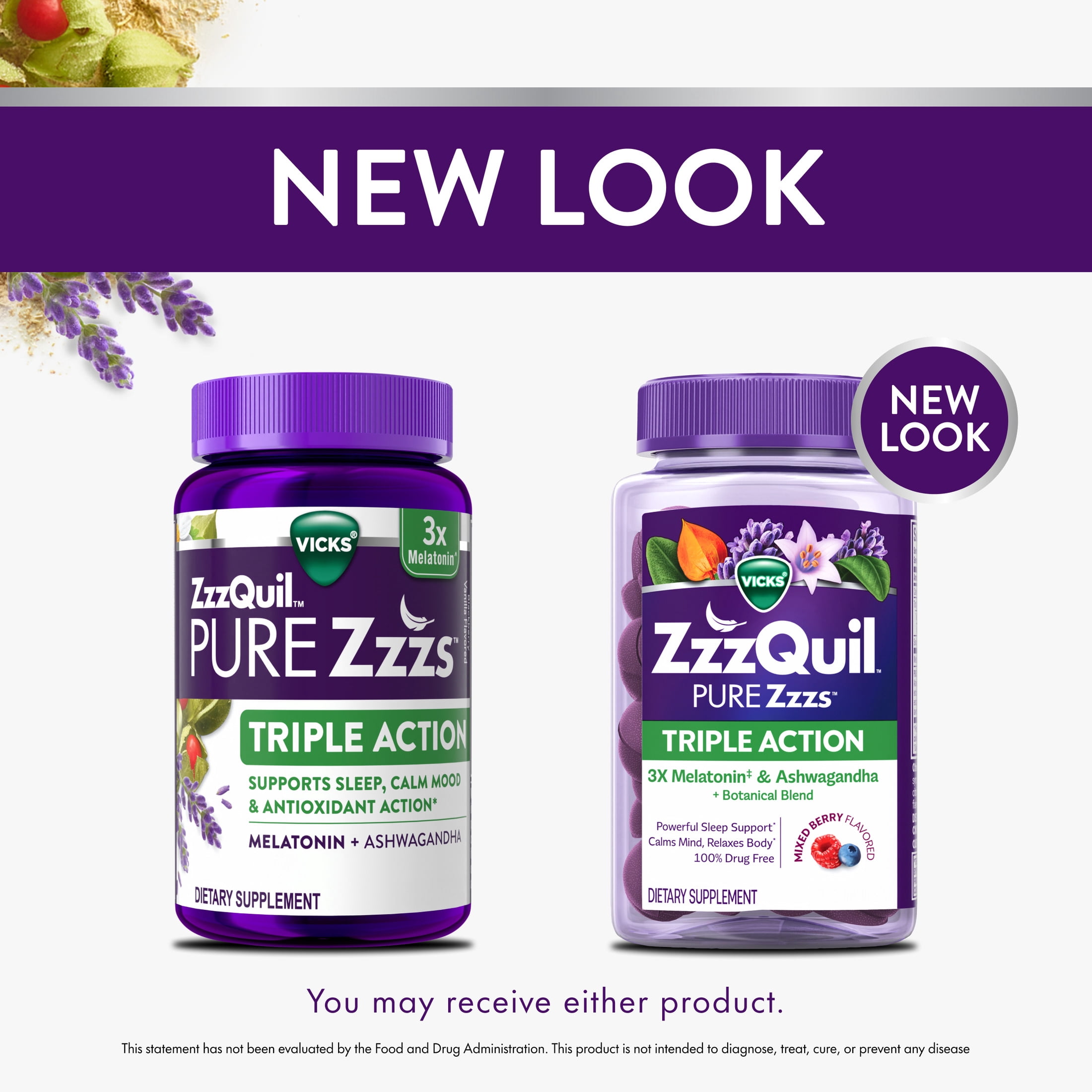 (3 pack) ZzzQuil PURE Zzzs Melatonin Triple Action with Ashwagandha, Melatonin 6mg, 30 Gummies