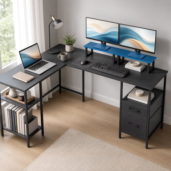 Reversible L Shaped Desk with Power Outlet & 2 Fabric Drawers, Computer Desk with Open Shelf for Home Office,Black