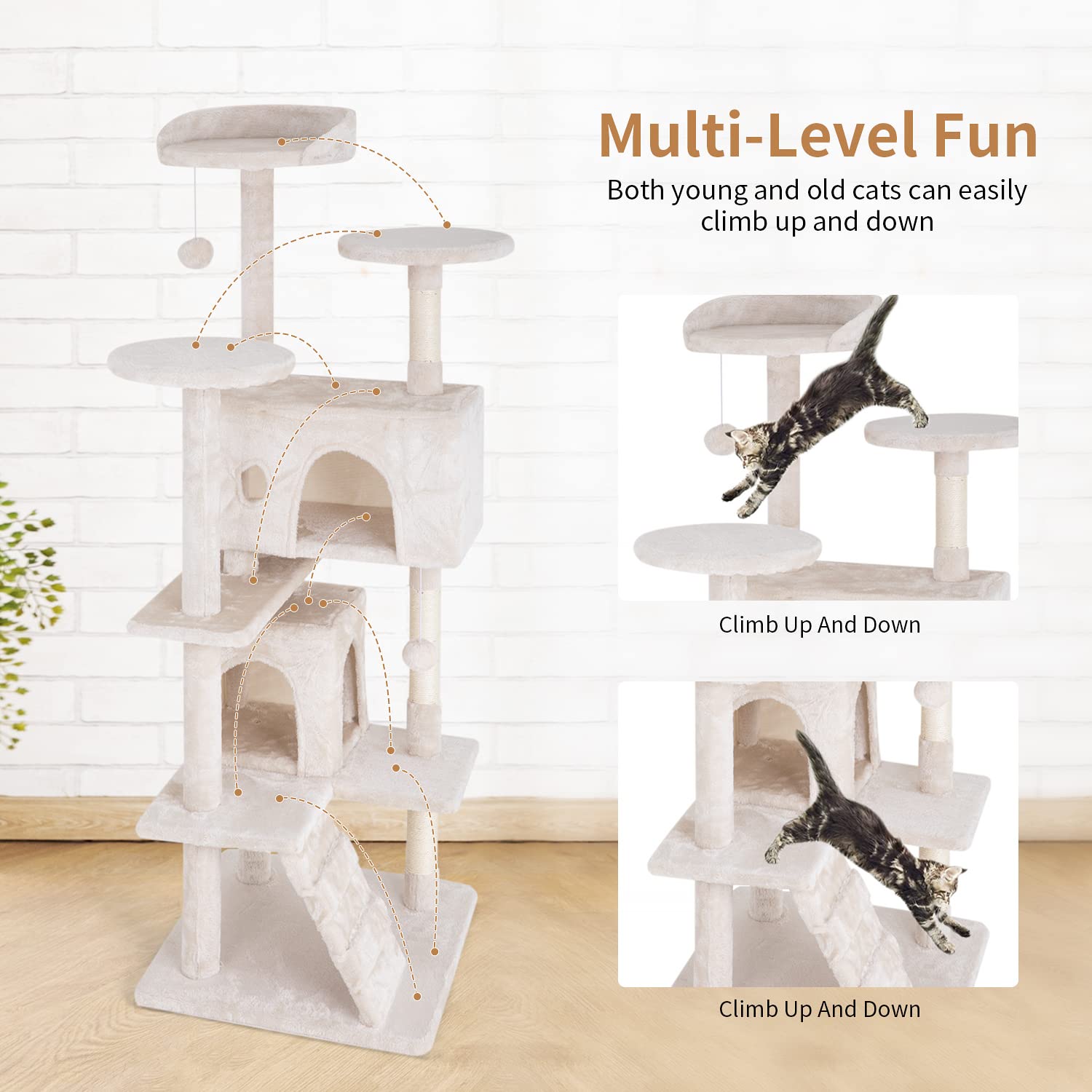 YRLLENSDAN 54 inch Tall Cat Tree Tower for Indoor Cats, Large Cat Tower with Scratching Post, Cat Climbing Tower with Cat Tree House, Sturdy Cat Condo, Beige