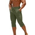 thumbnail image 6 of Men's Cotton Linen Capri Pants Elastic Drawstring Waist Button Hem Long Short with Pockets, Summer Vacation Casual Beach Shorts, 6 of 9