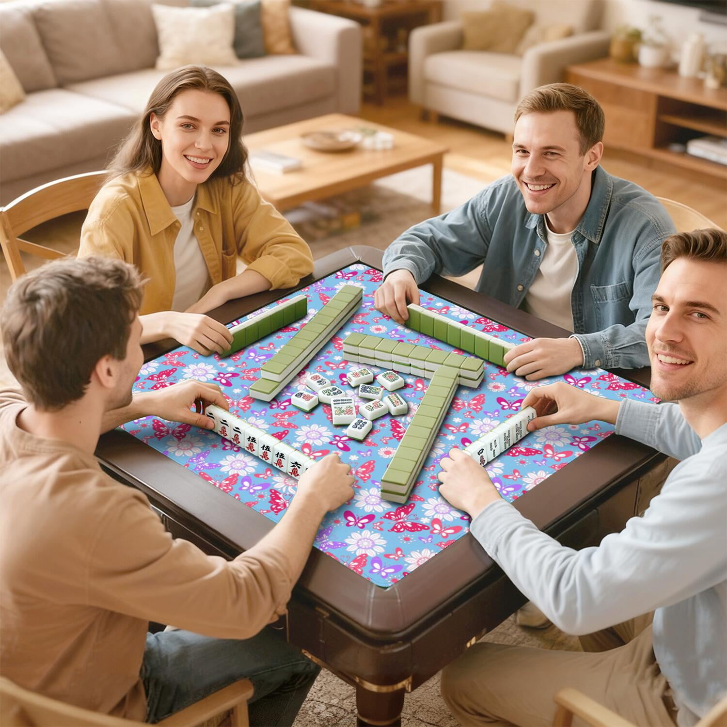 Blue Mahjong Mat for Table, 31.5*31.5in Anti Slip American Mahjong Table Cloth, Noise Reduction, Neoprene Mah jongg Mat with Carrying Bag & 3 Dices, Mahjong Accessories Gift for Board Tile Games Mats