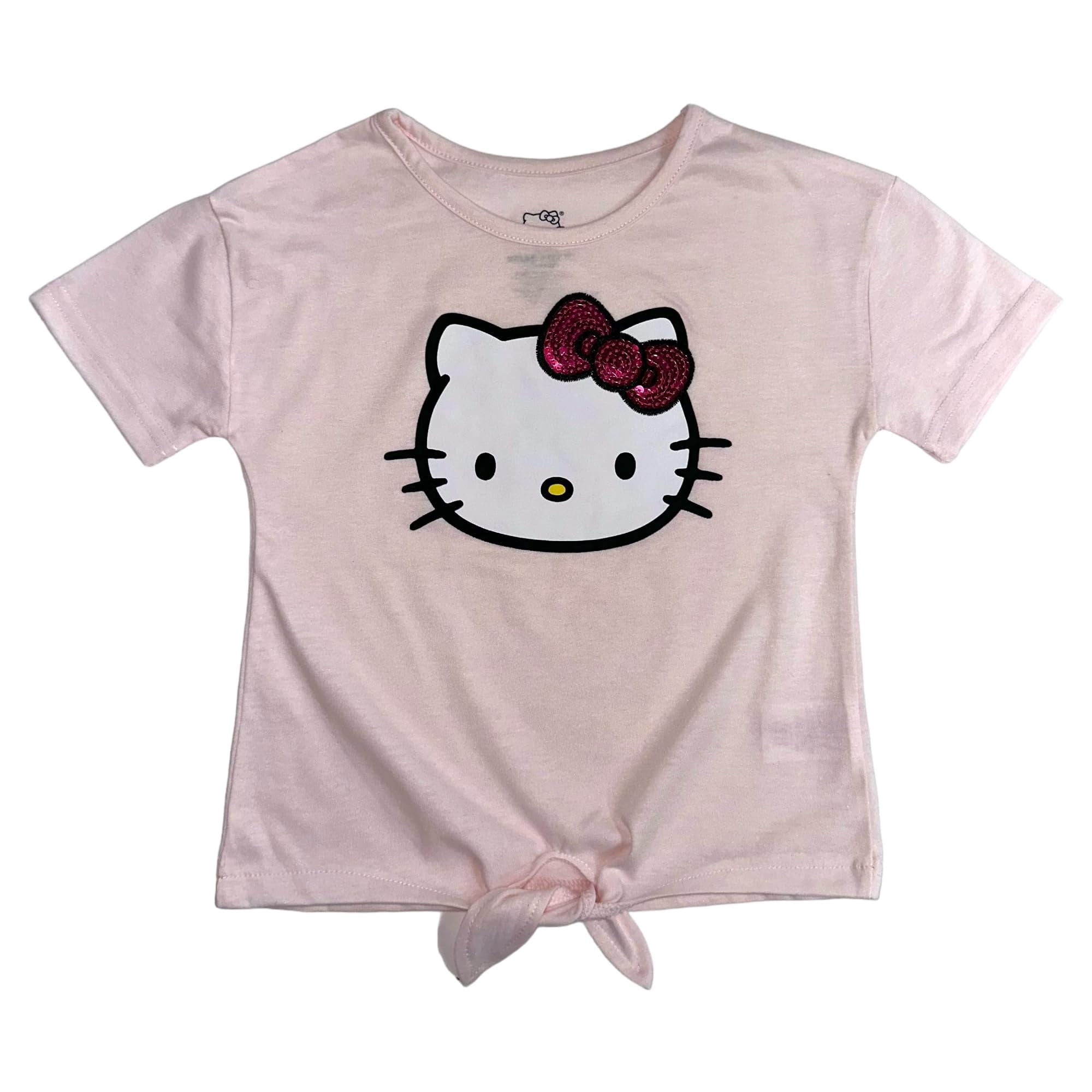 Hello Kitty Girls 2-Piece Fashion Tee Shirt and Active Short Set with Tie Front Top and Fashion Dolphin Shorts Summer Clothes for Little Girls (Fuschia Purple, 8/10)