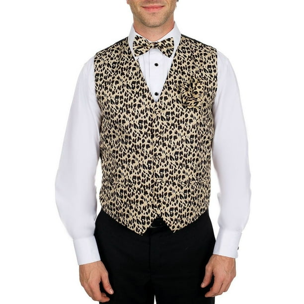 Buyyourties Men's Tan Brown Black Leopard Print Vest Bow Tie and