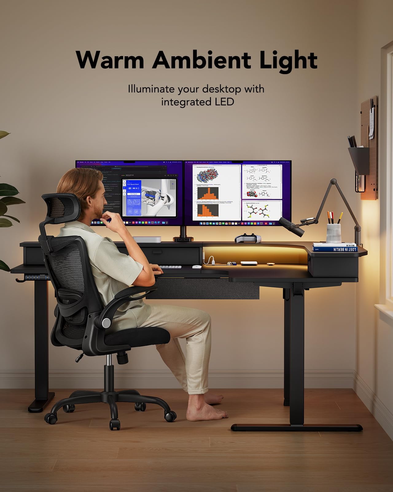65″ L-Shaped Standing Desk with Power Outlets & LED Strip, Support C-Clamp Mount, Electric Height Adjustable Corner Computer Desk with 3 Drawers, Sit Stand Up Desk with Large Power Strip Holder