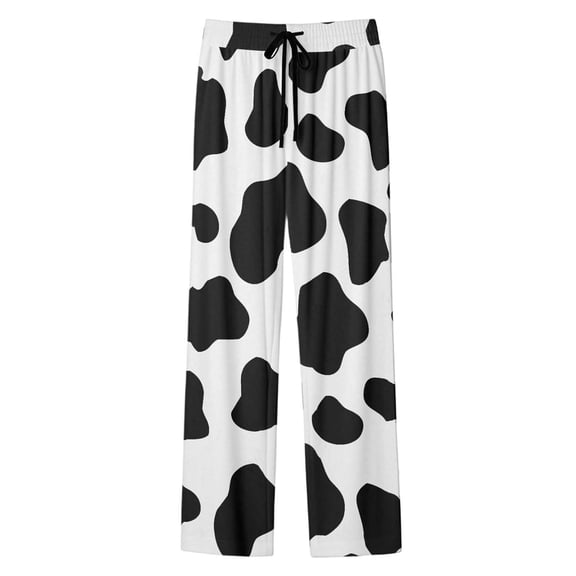 Bibifish Womens Pants White Black Cow Print Elastic Waist Soft Wide-Leg Trousers Fit Casual Daily Home Wear Trendy Stylish Pants