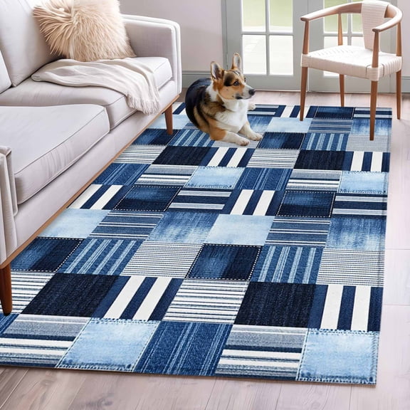 Blue White Plaid Area Rug 3x5 Washable Rug Non Slip Modern Geometric Striped Checkered Large Area Rug Indoor Floor Carpet for Entryway Bedroom Kitchen Living Room Home Office Dining Room Nursery